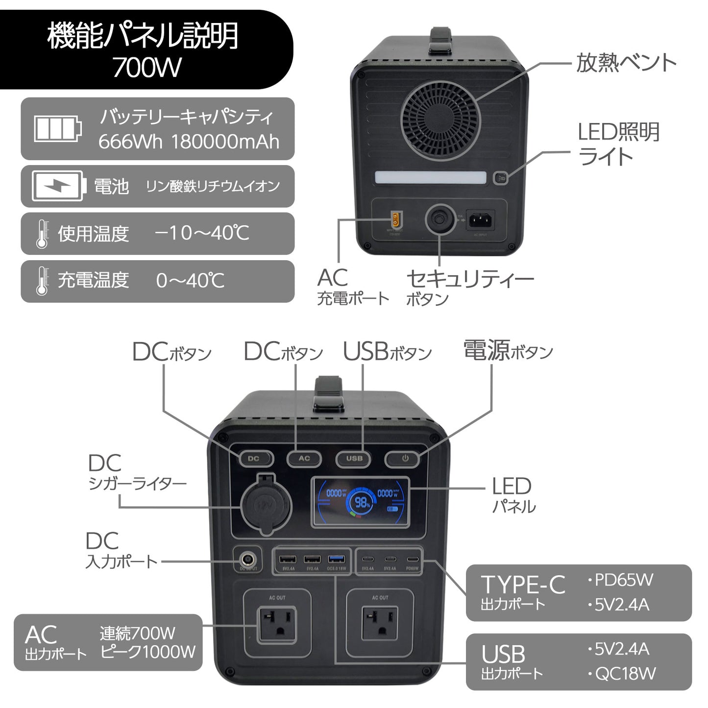 #2275 P7ポータブル電源黒 700w